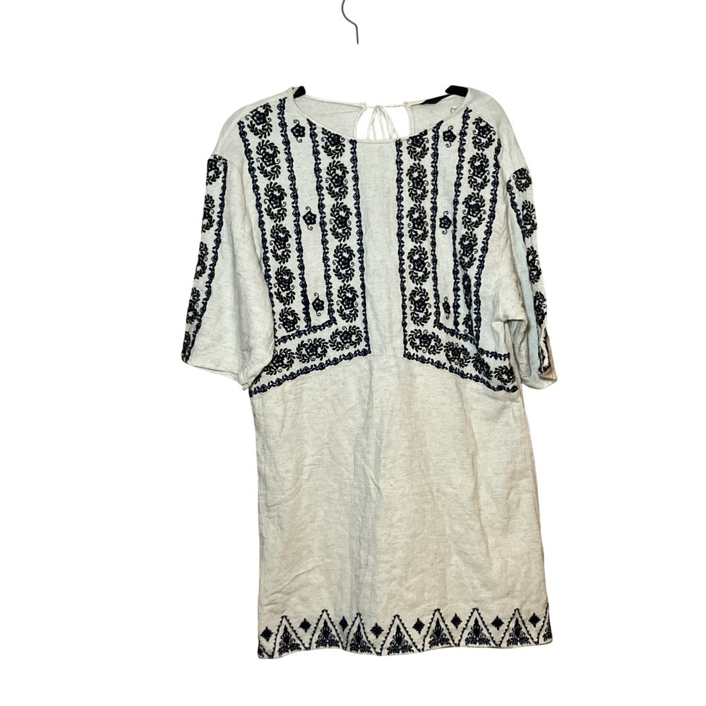 Zara Embroidered Tunic Top/Dress Women M Cream   Boho Festival Tassel Tie Back